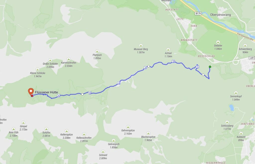 Wanderroute auf der Übersichtskarte von OnTheGoMap zur Füssener Hütte im Raintal mit Link zum Streckenverlauf und Höhenprofil © Radio Alpenwelle